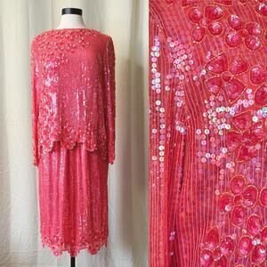 VTG 80s Scala Set - Pink Sequin Bell Sleeve Top + Skirt size medium
